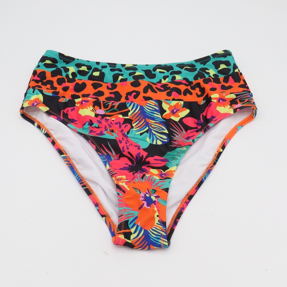 Hilinker Bikini Bottom Women M High Waisted Multicolor Tropical Leopard NEW